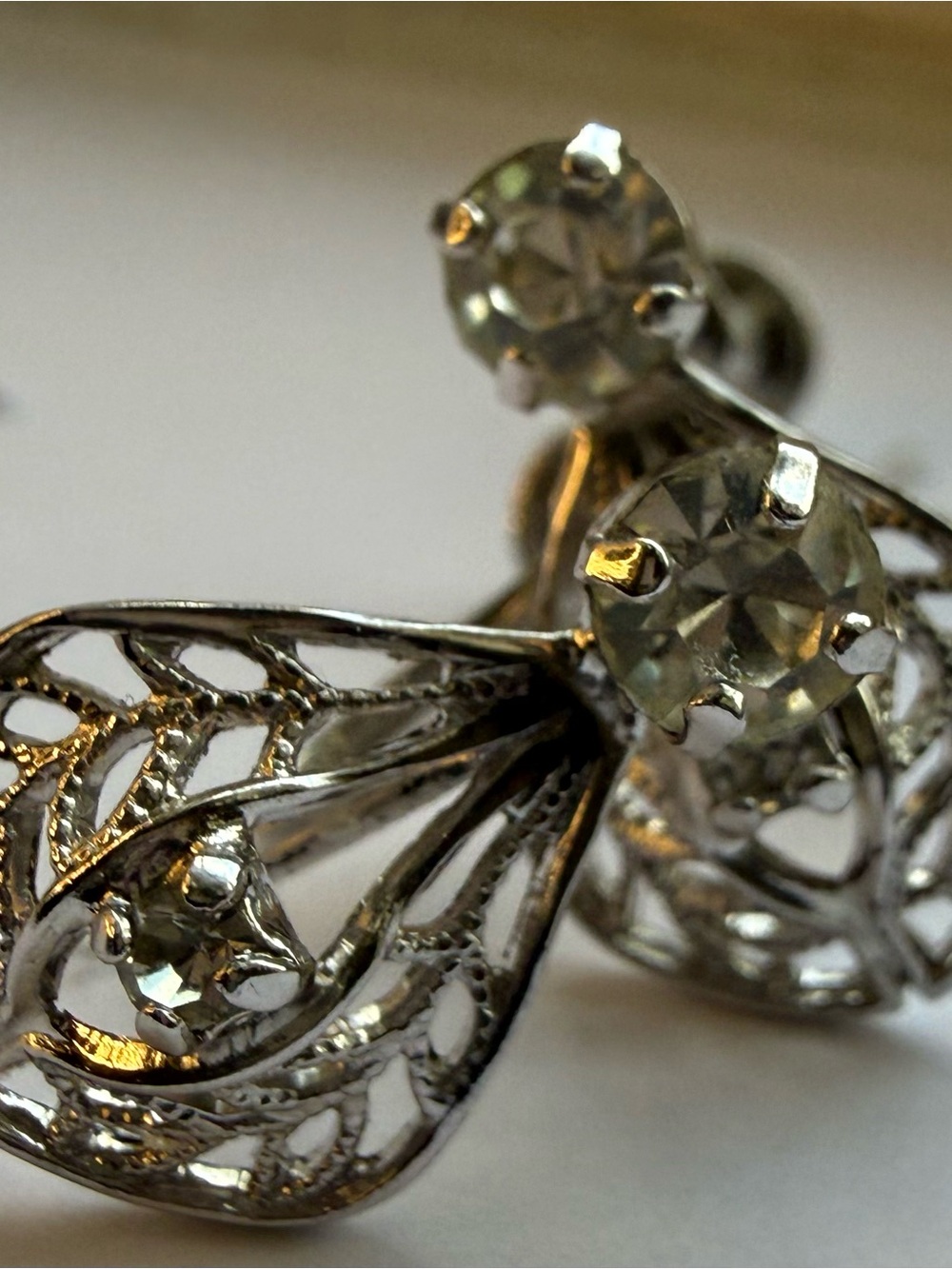 Vintage 1950s Rhinestone Openwork Leaf Screw Back Hybrid Earrings